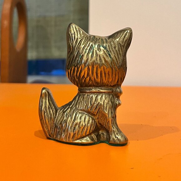 Vintage Brass Cat Figurine Sitting Kitten Ribbon - Picture 2 of 4